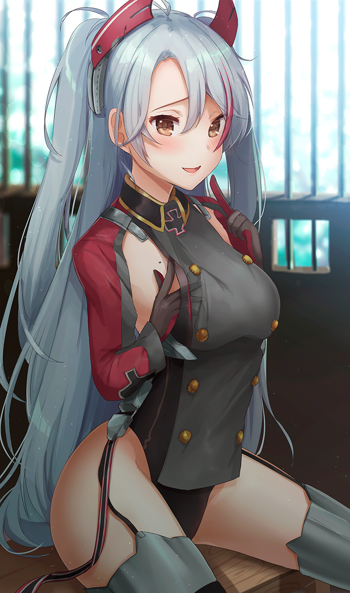 1girl antenna_hair armpit_cutout azur_lane bangs black_panties blush breasts brown_eyes day eyebrows_visible_through_hair garter_straps groin hair_between_eyes hand_on_own_chest hand_up headgear highres index_finger_raised indoors iron_cross kelly_0w0 large_breasts long_hair looking_at_viewer mole mole_on_breast multicolored_hair open_mouth panties prinz_eugen_(azur_lane) redhead silver_hair sitting smile solo streaked_hair thigh-highs thighs two_side_up underwear very_long_hair window
