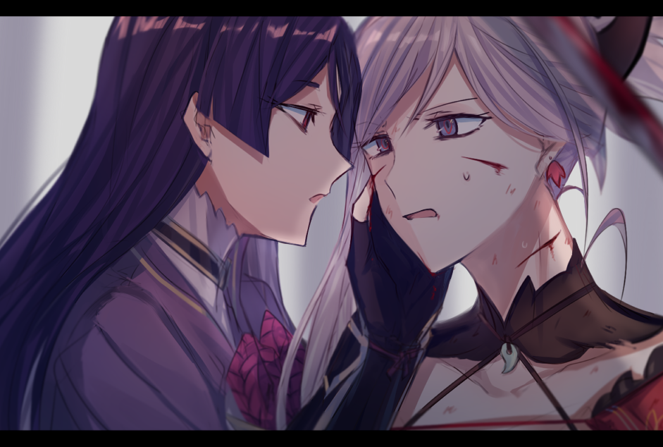 2girls aoki_shizumi collarbone commentary_request fate/grand_order fate_(series) from_side hand_on_another's_cheek hand_on_another's_face injury long_hair magatama minamoto_no_raikou_(fate/grand_order) miyamoto_musashi_(fate/grand_order) multiple_girls open_mouth profile yuri