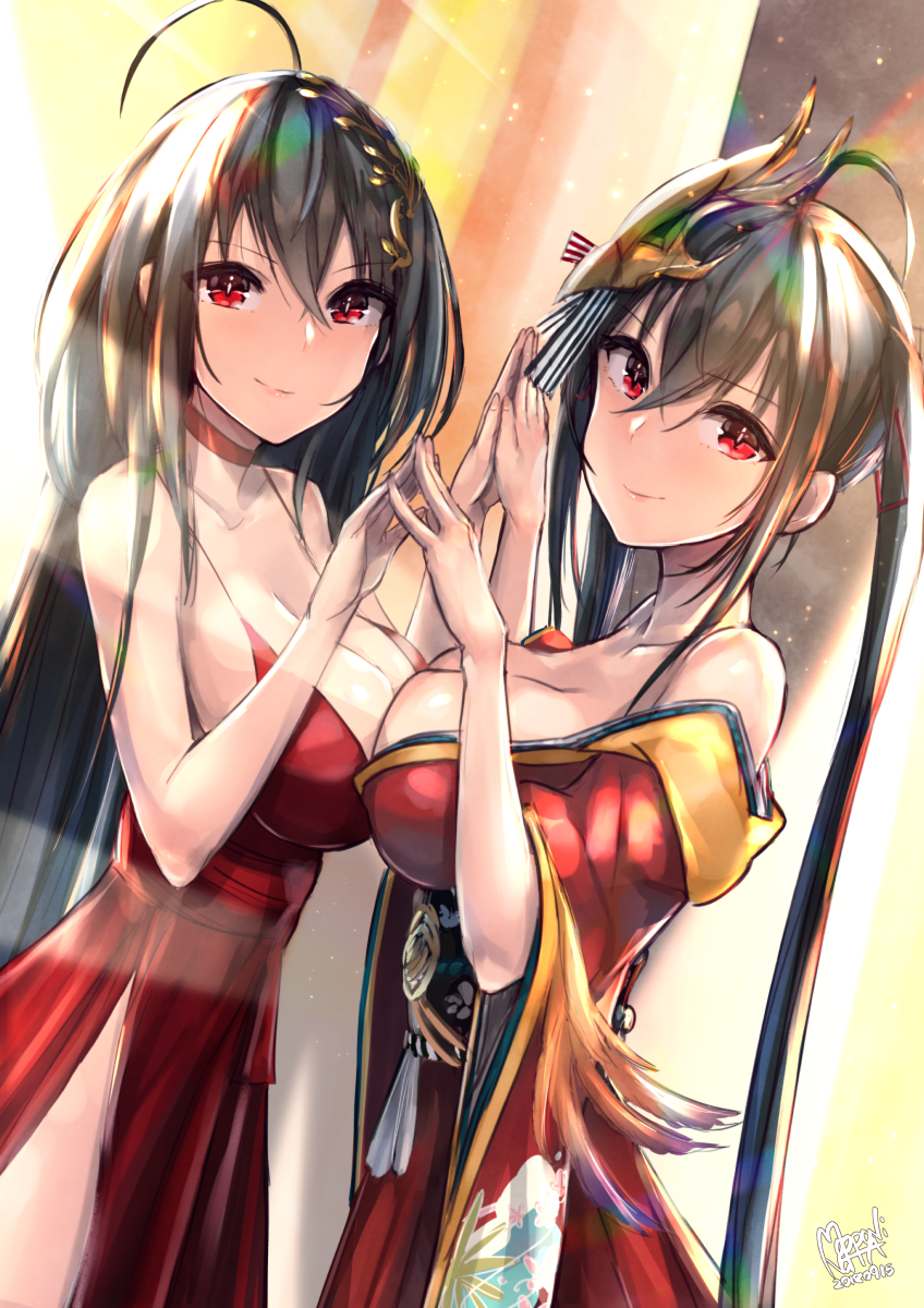 1girl ahoge azur_lane bangs bare_shoulders black_hair breasts choker cleavage different_reflection dress eyebrows_visible_through_hair hair_between_eyes hair_ornament highres japanese_clothes large_breasts long_hair looking_at_viewer mappaninatta mirror red_dress red_eyes reflection side_slit smile solo standing taihou_(azur_lane) twintails