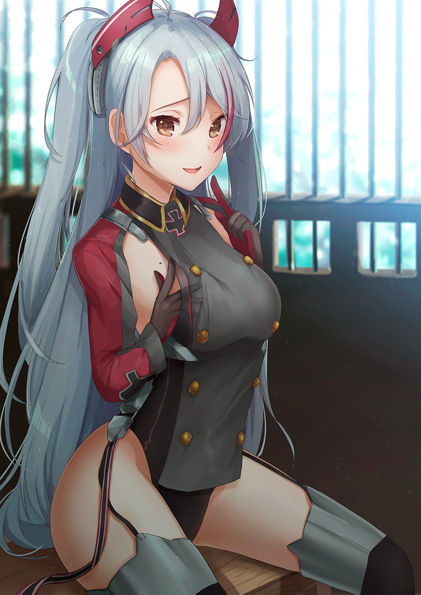 1girl antenna_hair armpit_cutout azur_lane bangs black_panties blush breasts brown_eyes day eyebrows_visible_through_hair garter_straps groin hair_between_eyes hand_on_own_chest hand_up headgear highres index_finger_raised indoors iron_cross kelly_0w0 large_breasts long_hair looking_at_viewer mole mole_on_breast multicolored_hair open_mouth panties prinz_eugen_(azur_lane) redhead silver_hair sitting smile solo streaked_hair thigh-highs thighs two_side_up underwear very_long_hair window