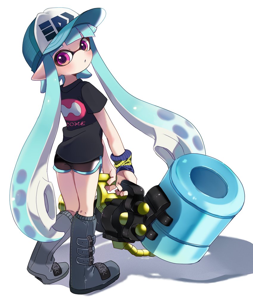 1girl aqua_hair aqua_hat bangs baseball_cap black_footwear black_shirt black_shorts blunt_bangs boots commentary_request domino_mask full_body gym_shorts hat heavy_splatling_(splatoon) holding holding_weapon inkling inkling_(language) knee_boots logo long_hair looking_at_viewer looking_back maco_spl mask nintendo parted_lips pointy_ears print_shirt shirt shorts simple_background slosher_(splatoon) splatoon splatoon_1 standing tentacle_hair violet_eyes weapon white_background wristband