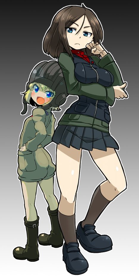 1girl 2girls alternate_footwear arm_grab bangs black_background black_footwear black_hair black_hat black_legwear black_skirt black_vest blonde_hair blue_eyes boots breast_hold breasts closed_mouth commentary_request emblem fang from_behind frown full_body girls_und_panzer gradient gradient_background green_jacket green_jumpsuit hands_on_hips hat helmet jacket katyusha loafers long_hair long_sleeves looking_at_viewer looking_back medium_breasts military military_uniform miniskirt multiple_girls nonna open_mouth pleated_skirt pravda_military_uniform red_shirt shirt shoes short_hair short_jumpsuit skirt smile socks solo standing sw swept_bangs turtleneck uniform vest