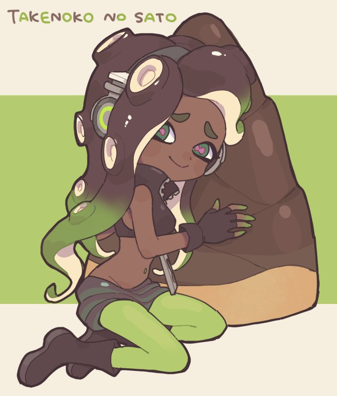 1girl bamboo_shoot black_footwear black_gloves black_hair black_shorts boots cephalopod_eyes closed_mouth commentary cropped_vest dark_skin domino_mask fingerless_gloves full_body gloves gomi_(kaiwaresan44) gradient_hair green_background green_hair green_legwear holding iida_(splatoon) letterboxed long_hair looking_at_viewer makeup mascara mask multicolored multicolored_hair multicolored_skin nintendo octarian oversized_object pantyhose pantyhose_under_shorts pink_pupils romaji shorts sitting smile solo splatoon splatoon_2 suction_cups tentacle_hair yokozuwari zipper zipper_pull_tab