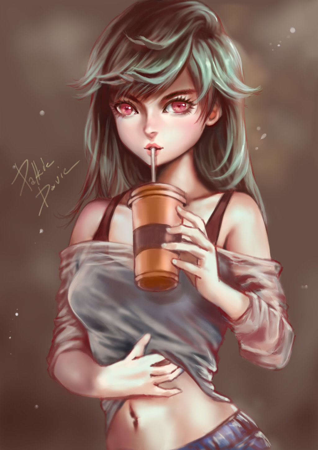 1girl black_undershirt blue_shorts brown_background commentary copyright_request cup drinking_straw eyelashes green_hair grey_shirt highres holding holding_cup looking_at_viewer navel off-shoulder_shirt parted_lips pink_eyes shirt shorts signature solo undershirt