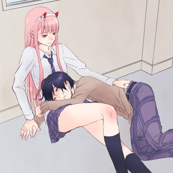 . 1boy 1girl bangs black_hair black_legwear blazer blush brown_jacket closed_eyes collared_shirt commentary_request couple darling_in_the_franxx green_eyes hair_ornament hairband hand_holding hand_on_hip hetero hiro_(darling_in_the_franxx) horns interlocked_fingers jacket leg_up long_hair long_sleeves looking_at_another lying lying_on_lap lying_on_person necktie on_side oni_horns pants pink_hair plaid plaid_pants plaid_skirt purple_pants purple_skirt red_horns sakuragouti school_uniform shirt sitting skirt sleeping sleeping_on_person socks striped striped_neckwear thighs white_hairband white_shirt wing_collar zero_two_(darling_in_the_franxx)