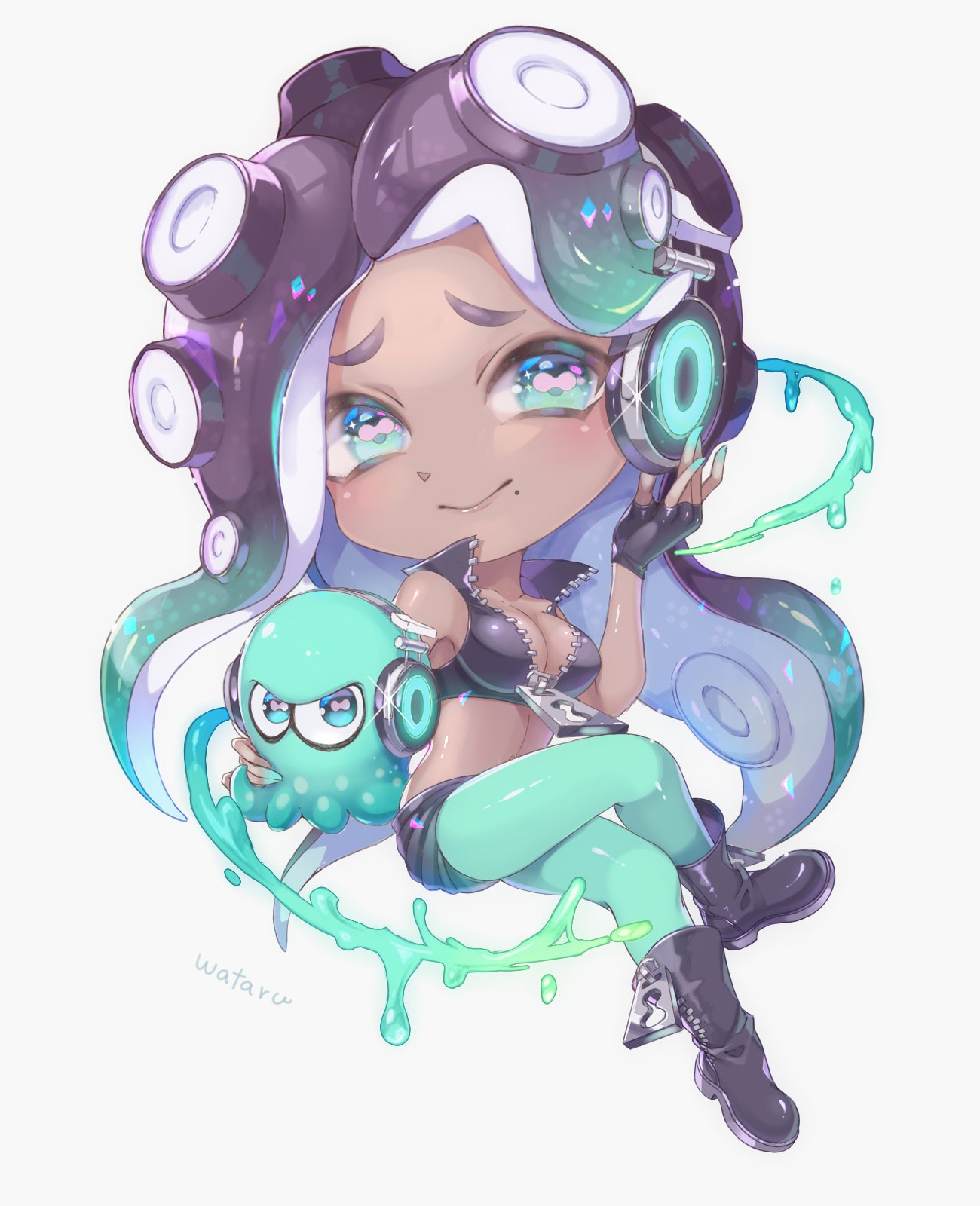 1girl animal aqua_eyes aqua_hair aqua_legwear aqua_skin artist_name black_footwear black_gloves black_shorts boots breasts chibi cleavage closed_mouth crop_top dark_skin fingerless_gloves full_body furrowed_eyebrows glint gloves gradient_hair headphones highres horizontal_pupils iida_(splatoon) long_hair medium_breasts mole mole_under_mouth multicolored multicolored_hair multicolored_skin nintendo octopus pantyhose pantyhose_under_shorts pink_pupils shorts smile solo sparkle splatoon splatoon_2 suction_cups tentacle_hair two-tone_hair unzipped wataru_(w_t_r_ika) zipper zipper_pull_tab