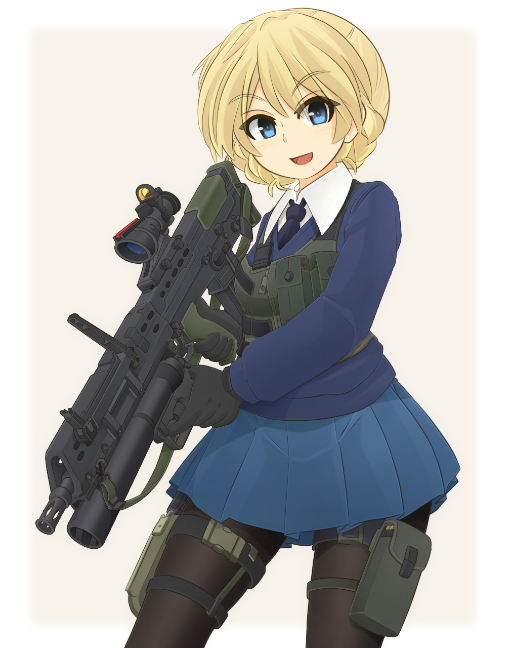 1girl assault_rifle bangs black_gloves black_neckwear blonde_hair blue_eyes blue_skirt blue_sweater braid bulletproof_vest commentary_request cowboy_shot darjeeling dress_shirt eyebrows_visible_through_hair girls_und_panzer gloves grenade_launcher gun highres holding holding_gun holding_weapon ichigotofu l123a2 l85 light_smile long_sleeves looking_at_viewer miniskirt necktie open_mouth outside_border pantyhose partial_commentary pleated_skirt pouch rifle school_uniform scope shirt short_hair skirt smile solo st._gloriana's_school_uniform standing sweater tactical_clothes thigh_strap tied_hair v-neck weapon white_shirt wing_collar