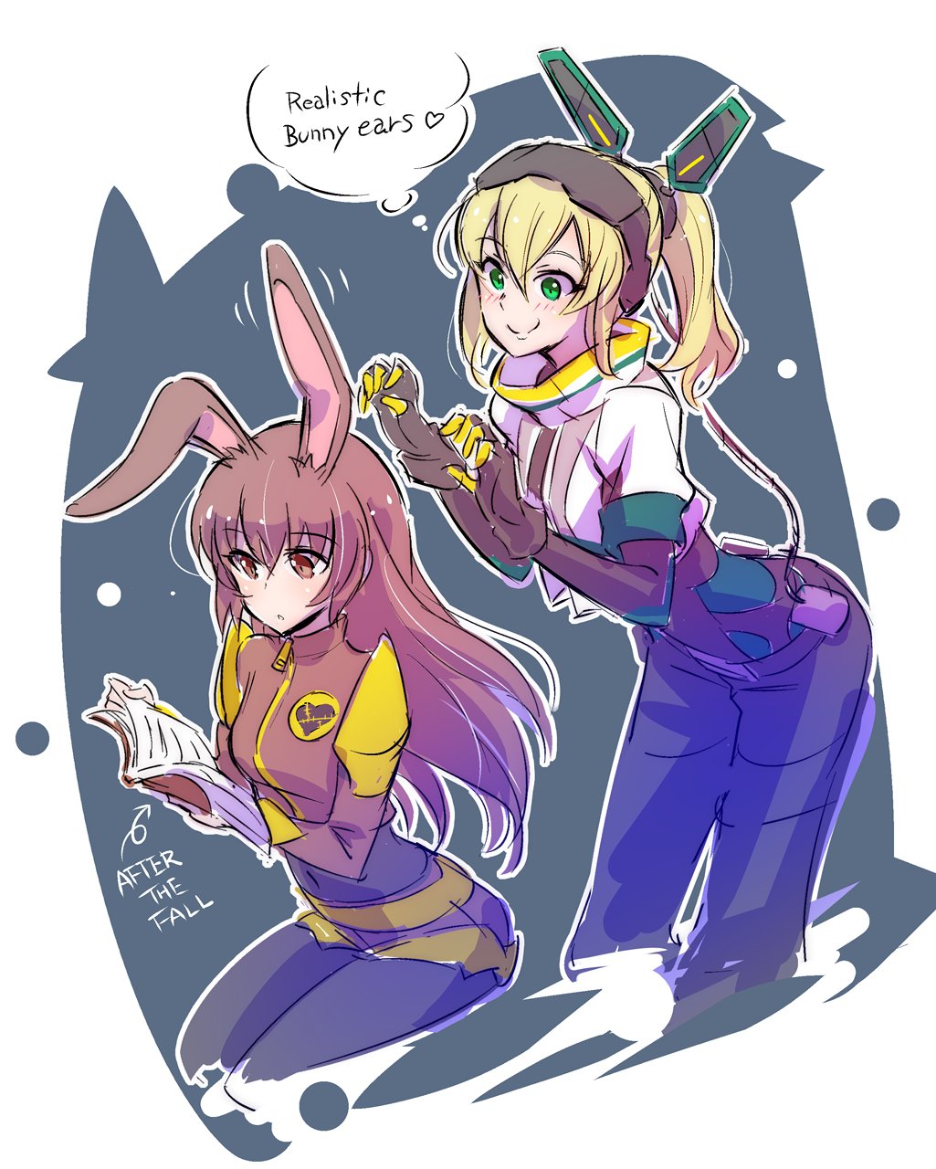 2girls animal_ears blonde_hair book brown_eyes brown_hair bunny_girl character_request copyright_request covered green_eyes highres iesupa long_hair multiple_girls ponytail rabbit_ears reading rwby velvet_scarlatina