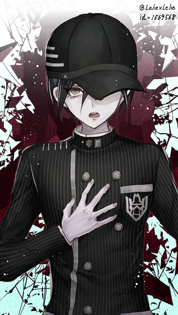 1boy black_hat black_jacket dangan_ronpa green_eyes hair_between_eyes hat hat_over_one_eye jacket looking_at_viewer male_focus new_dangan_ronpa_v3 open_mouth saihara_shuuichi school_uniform solo twitter_username upper_body vertical-striped_jacket z-epto_(chat-noir86)