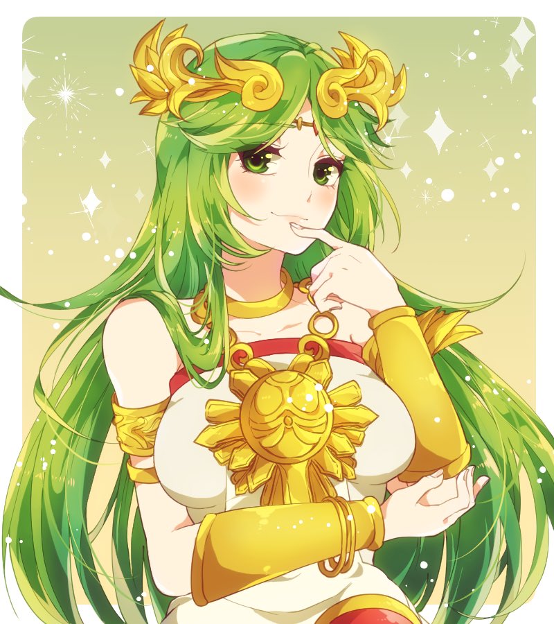 1girl blush breasts dress female green_eyes green_hair indisk_irio jewelry kid_icarus long_hair looking_at_viewer matching_hair/eyes necklace nintendo palutena simple_background smile solo tiara very_long_hair