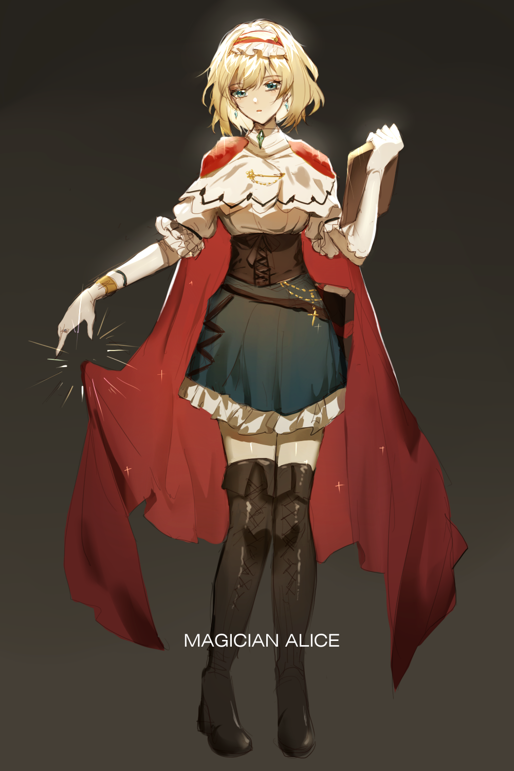 1girl adapted_costume alice_margatroid blonde_hair blue_eyes book boots cape capelet dark_background earrings elbow_gloves english full_body gloves hairband highres jewelry looking_at_viewer meng_ziya short_hair skirt solo thigh-highs thigh_boots touhou