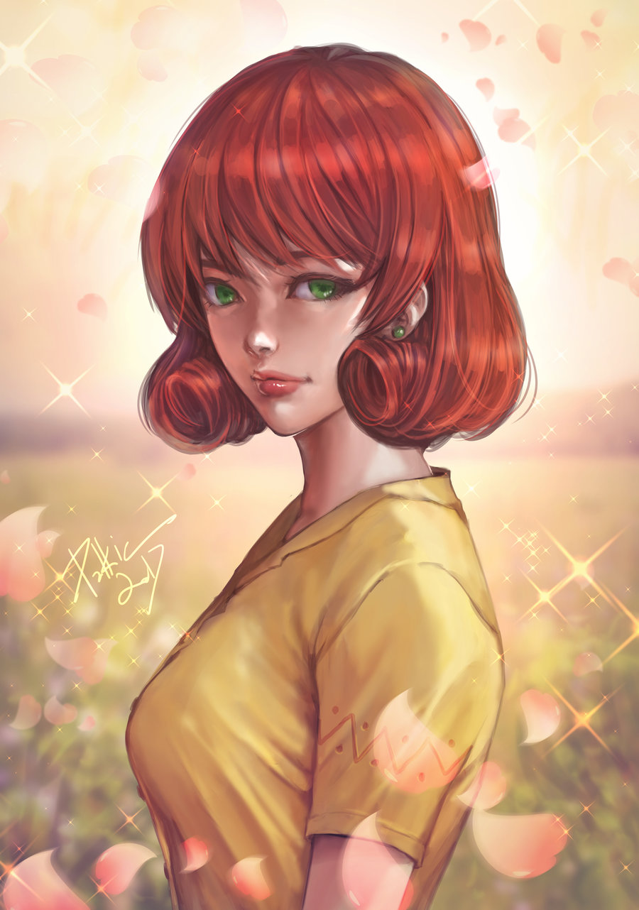 1girl bangs breasts commentary day green_earrings green_eyes highres lips looking_at_viewer medium_breasts outdoors penny_(stardew_valley) pink_petals profile redhead shiny shiny_hair shirt short_sleeves signature solo sparkle standing stardew_valley sunlight yellow_shirt