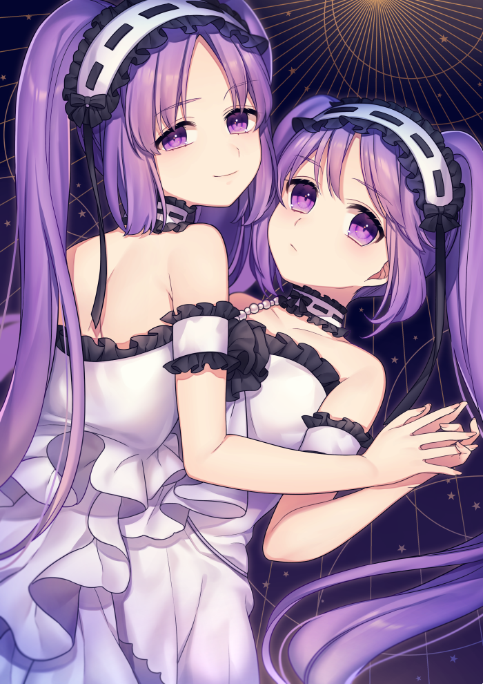 2girls bare_shoulders breasts choker closed_mouth collarbone dress euryale fate/hollow_ataraxia fate_(series) fingernails frilled_choker frilled_hairband frills girl_on_top hairband hand_holding karokuchitose looking_at_viewer looking_back lying multiple_girls on_back purple_hair ribbon-trimmed_choker ribbon-trimmed_hairband ribbon_trim siblings sisters small_breasts smile star stheno strapless strapless_dress twins violet_eyes white_choker white_dress white_hairband