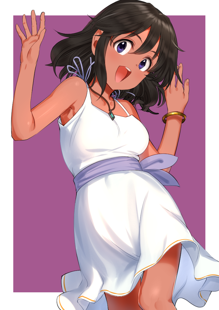 1girl :d bare_arms bare_shoulders black_hair bracelet commentary_request dark_skin dress hair_between_eyes hands_up head_tilt idolmaster idolmaster_cinderella_girls jewelry long_hair looking_at_viewer natalia_(idolmaster) open_mouth pendant pettan_p sash simple_background sleeveless sleeveless_dress smile solo violet_eyes white_dress