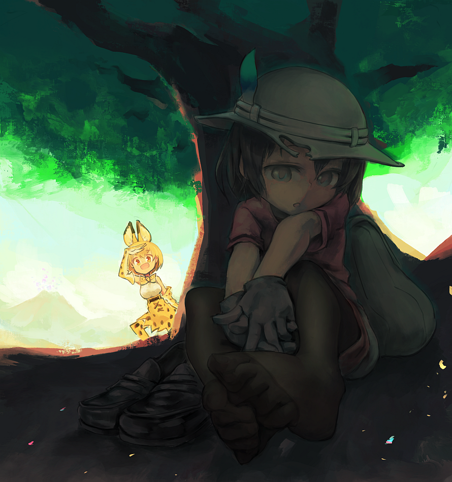 2girls :o animal_ears bangs black_gloves commentary day eyebrows_visible_through_hair foot_up gloves hands_together hat_feather helmet high-waist_skirt kaban_(kemono_friends) kemono_friends loafers looking_at_viewer multiple_girls open_mouth outdoors pantyhose pantyhose_under_shorts pith_helmet print_gloves print_legwear print_neckwear print_skirt red_shirt serval_(kemono_friends) serval_ears serval_print serval_tail shade shading_eyes shirt shoes shoes_removed short_hair short_sleeves shorts sitting skirt sleeveless sleeveless_shirt smile standing striped_tail tail thigh-highs tree volcano yasushi yellow_gloves yellow_legwear yellow_skirt