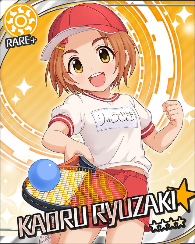 bloomers blush cap character_name green_eyes idolmaster idolmaster_cinderella_girls orange_hair ryuzaki_kaoru short_hair smile stars tennis