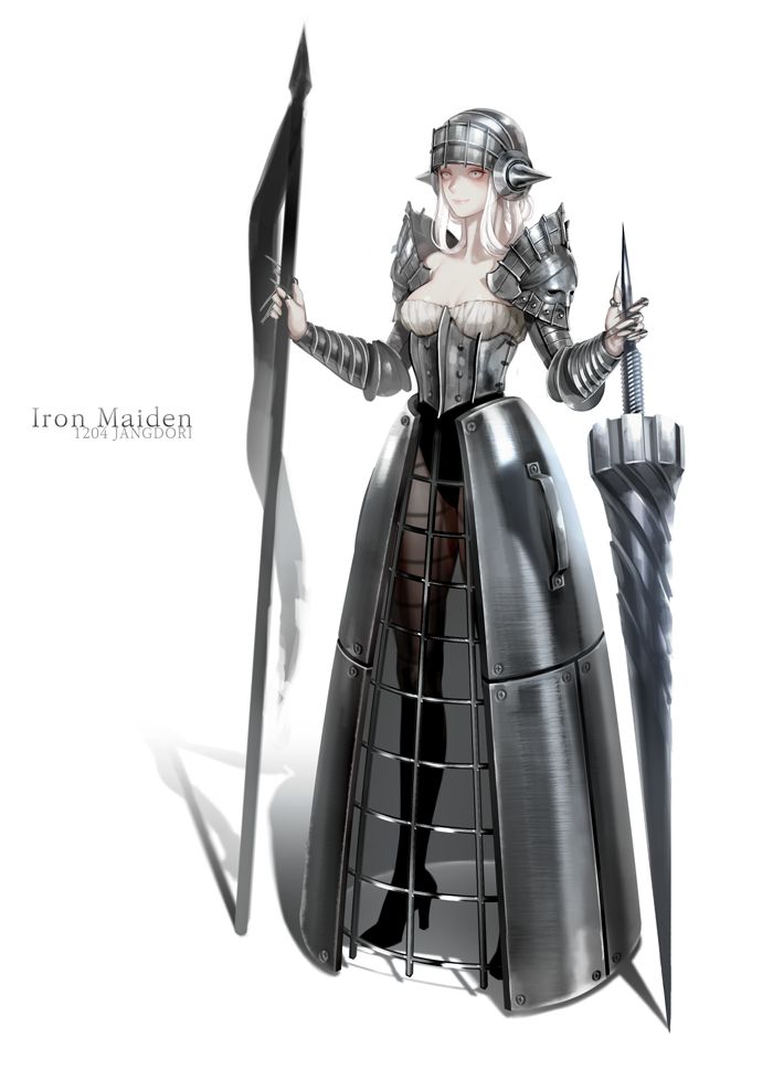 1girl armor armored_dress artist_name black_legwear breasts flag full_body helmet jdori jewelry lance long_hair medium_breasts original pale_skin planted_weapon polearm ring shoulder_armor simple_background solo standing weapon white_background white_hair