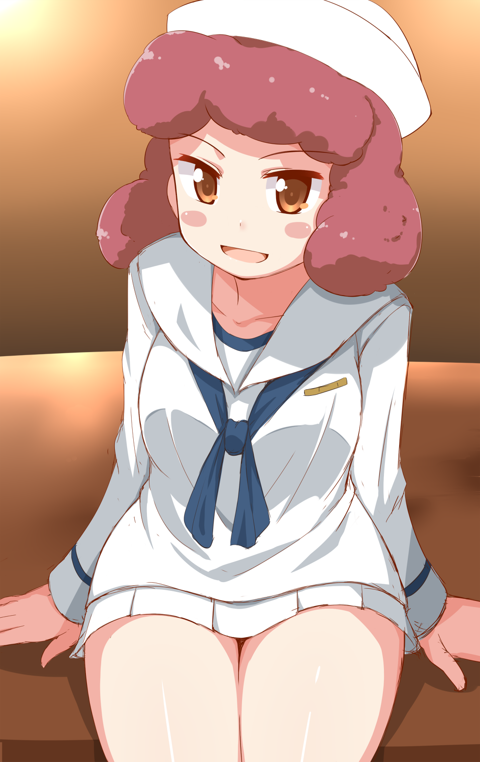 1girl arm_support blouse blush_stickers commentary_request curly_hair dixie_cup_hat dou-t eyebrows_visible_through_hair girls_und_panzer hat head_tilt highres long_sleeves looking_at_viewer military_hat miniskirt navy_blue_neckwear neckerchief ooarai_naval_school_uniform open_mouth partial_commentary pleated_skirt red_eyes redhead rum_(girls_und_panzer) sailor sailor_collar school_uniform short_hair sitting skirt smile solo thighs white_blouse white_hat white_skirt