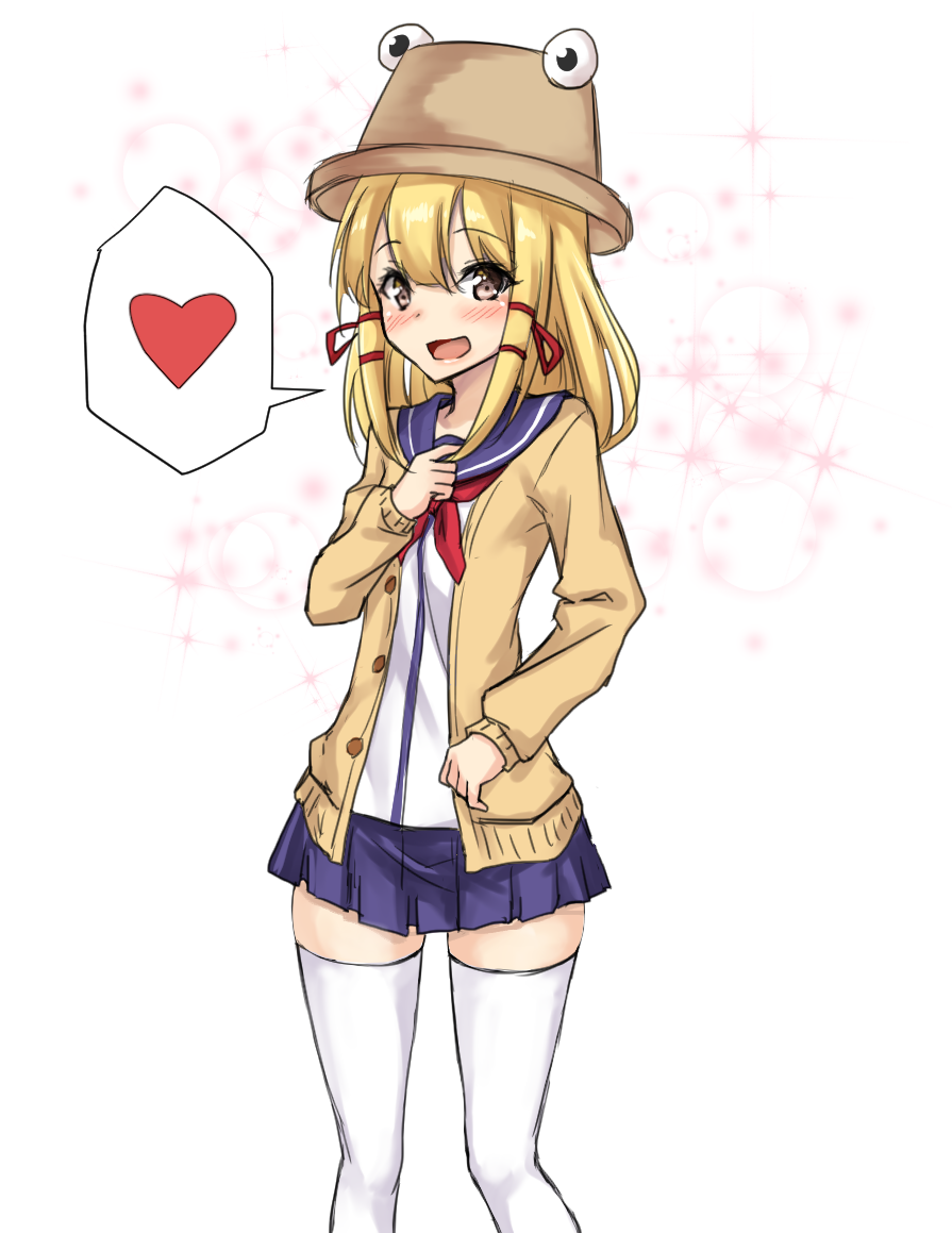 1girl :d alternate_costume amagi_(amagi626) bangs blonde_hair blue_skirt blush brown_eyes brown_hat commentary_request contemporary eyebrows_visible_through_hair feet_out_of_frame hair_between_eyes hair_ribbon hand_up hat heart jacket lens_flare long_hair long_sleeves looking_at_viewer miniskirt moriya_suwako open_clothes open_jacket open_mouth pleated_skirt red_neckwear red_ribbon ribbon sailor_collar school_uniform serafuku sidelocks simple_background skirt smile solo sparkle spoken_heart standing thigh-highs thighs touhou white_background white_legwear white_serafuku yellow_jacket zettai_ryouiki