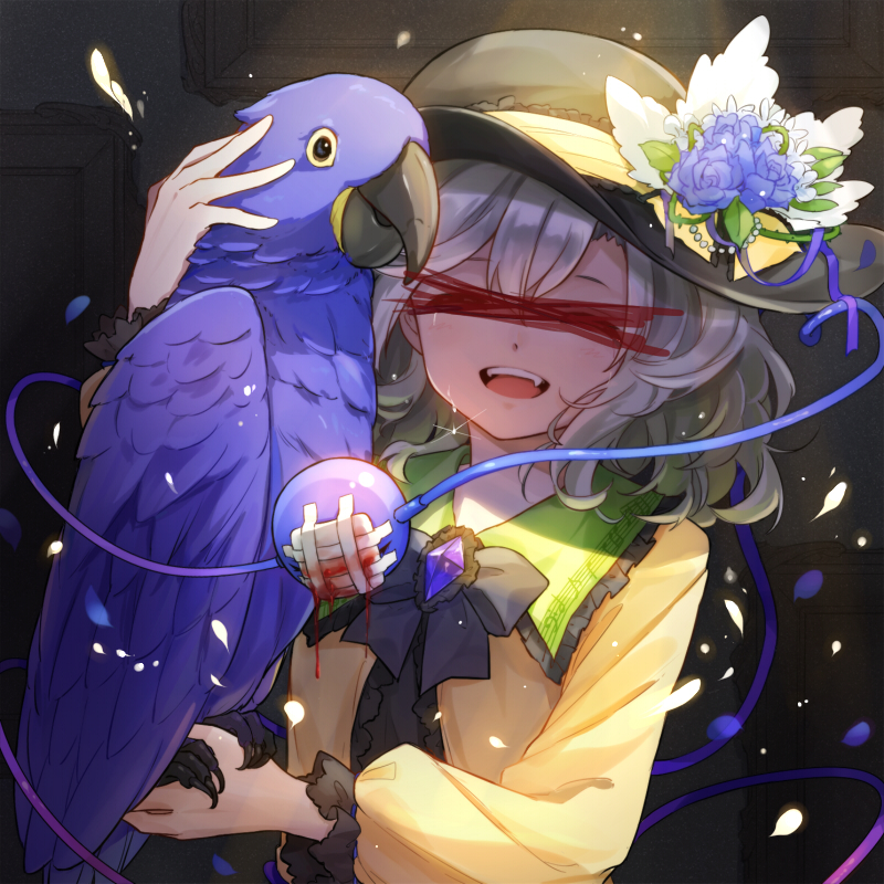 1girl ^_^ animal bandaid bangs bird black_bow black_hat black_neckwear blood blue_flower blue_rose bow bowtie brooch censored closed_eyes closed_eyes commentary_request eyeball fangs flower frilled_shirt_collar frills hair_between_eyes hand_up hat hat_flower holding holding_animal hyacinth_macaw identity_censor jewelry komeiji_koishi long_sleeves macaw musical_note musical_note_print open_mouth parrot petals puffy_sleeves rose shirt short_hair silver_hair sindre smile solo sparkle tears third_eye touhou upper_body white_flower yellow_shirt