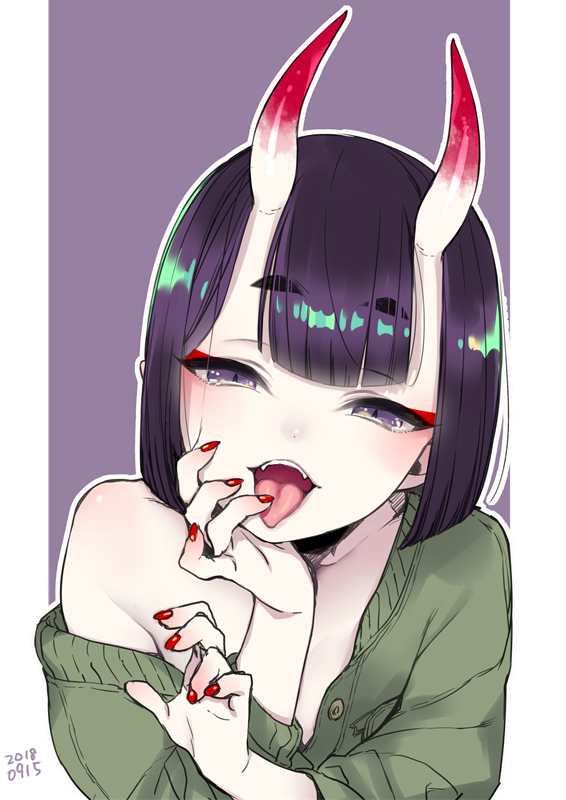 1girl bangs blush bob_cut dated eyebrows_visible_through_hair eyeshadow fangs fate/grand_order fate_(series) green_shirt horns japanese_clothes long_sleeves looking_at_viewer makeup nail_polish off_shoulder oni oni_horns open_mouth purple_background purple_hair red_nails shirt short_eyebrows short_hair shuten_douji_(fate/grand_order) simple_background smile solo sumeragi_kohaku tongue tongue_out upper_body violet_eyes