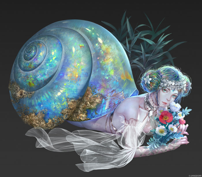 1girl bare_shoulders black_background blue_eyes bouquet breasts double_bun flower forehead_jewel full_body green_hair hair_flower hair_ornament holding holding_bouquet holding_flower jdori looking_at_viewer lying medium_breasts monster_girl on_stomach original pale_skin plant see-through shell simple_background snail snail_shell solo