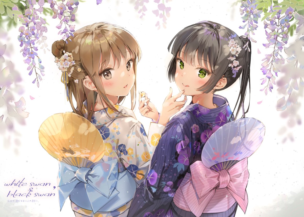 2girls :q anmi black_hair blue_kimono blush brown_hair copyright_request flower green_eyes hair_flower hair_ornament holding japanese_clothes kimono long_hair looking_at_viewer looking_back multiple_girls obi one_side_up parted_lips ponytail purple_kimono sash smile standing tongue tongue_out