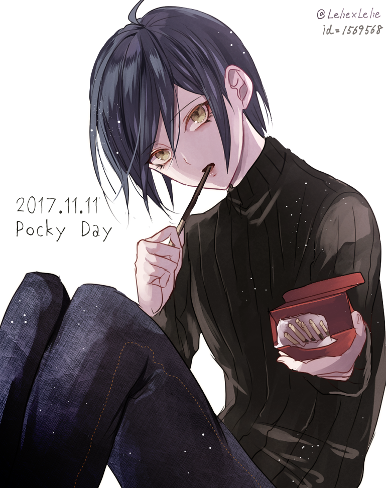 1boy androgynous black_hair black_pants black_sweater dangan_ronpa dated eating hair_between_eyes looking_at_viewer male_focus new_dangan_ronpa_v3 pants pocky_day saihara_shuuichi short_hair simple_background solo sweater twitter_username white_background yellow_eyes z-epto_(chat-noir86)