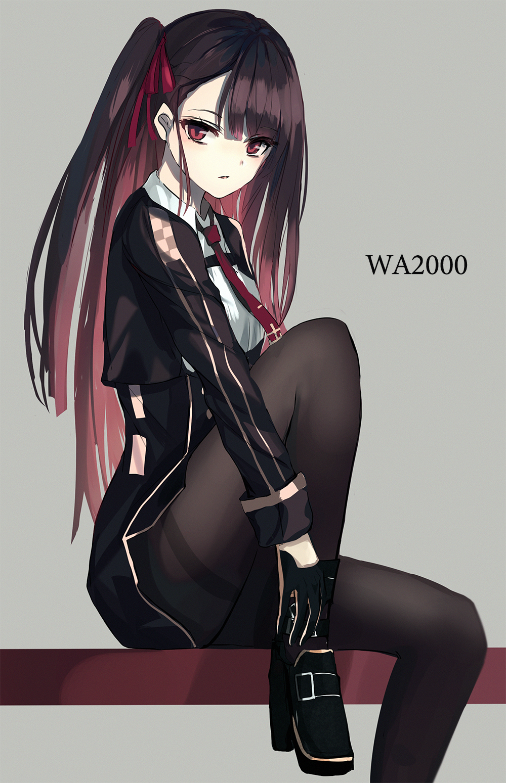 1girl bangs beckzawachi black_footwear black_legwear character_name commentary dress eyebrows_visible_through_hair feet_out_of_frame girls_frontline gloves grey_background hair_ribbon highres knee_up long_hair long_sleeves looking_at_viewer necktie one_side_up pantyhose parted_lips purple_hair red_neckwear ribbon shoes simple_background sitting solo thighband_pantyhose violet_eyes wa2000_(girls_frontline) wing_collar