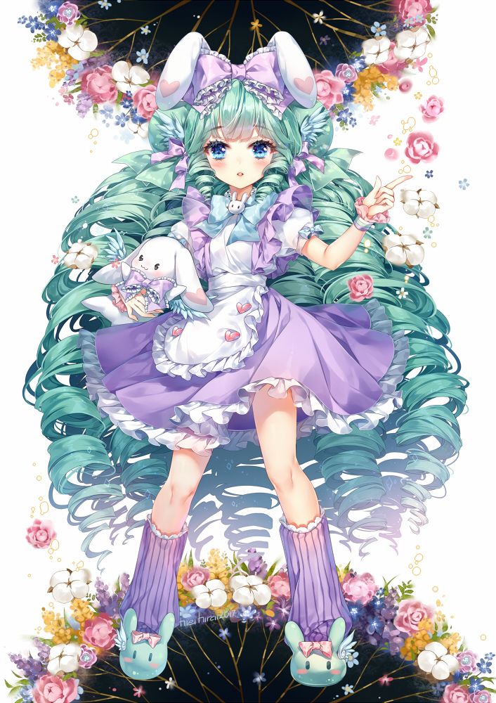 1girl 2017 :o animal_ears animal_slippers apron aqua_hair artist_name bangs blue_bow blue_eyes blue_wings blush borrowed_character bow bowtie bunny_slippers commentary commission cotton_boll drill_hair english_commentary eyebrows_visible_through_hair feathered_wings floral_background flower frilled_apron frilled_bow frills full_body green_footwear hair_bow hair_ribbon head_wings heart heart_button heart_print hieihirai holding index_finger_raised leg_warmers legs_apart lolita_fashion long_hair looking_at_viewer miruku_(cutesuu) original pink_bow pink_flower pink_rose puffy_short_sleeves puffy_sleeves purple_bow purple_legwear purple_ribbon purple_skirt rabbit rabbit_ears ribbon rose short_sleeves sidelocks skirt slippers solo standing striped striped_legwear vertical-striped_legwear vertical_stripes very_long_hair white_apron wings wrist_cuffs