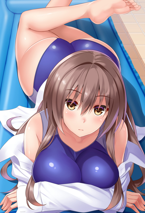 1girl ass bare_shoulders barefoot blue_swimsuit breasts brown_eyes brown_hair competition_swimsuit dress_shirt huyumitsu inflatable_raft large_breasts long_hair looking_at_viewer lying on_stomach one-piece_swimsuit original shirt solo swimsuit