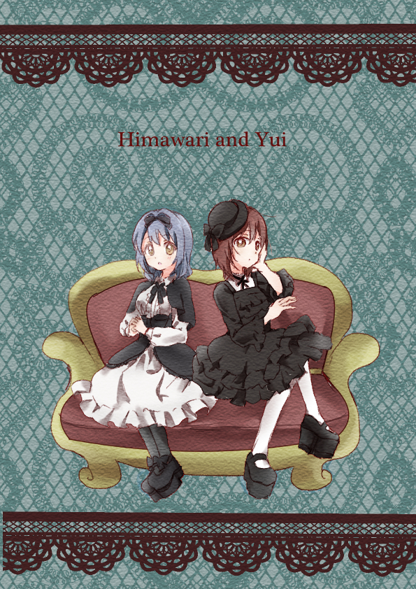 2girls black_dress blue_hair bow brown_eyes character_name dress funami_yui furutani_himawari gothic gothic_lolita hairband lolita_fashion lolita_hairband mearian multiple_girls yuru_yuri