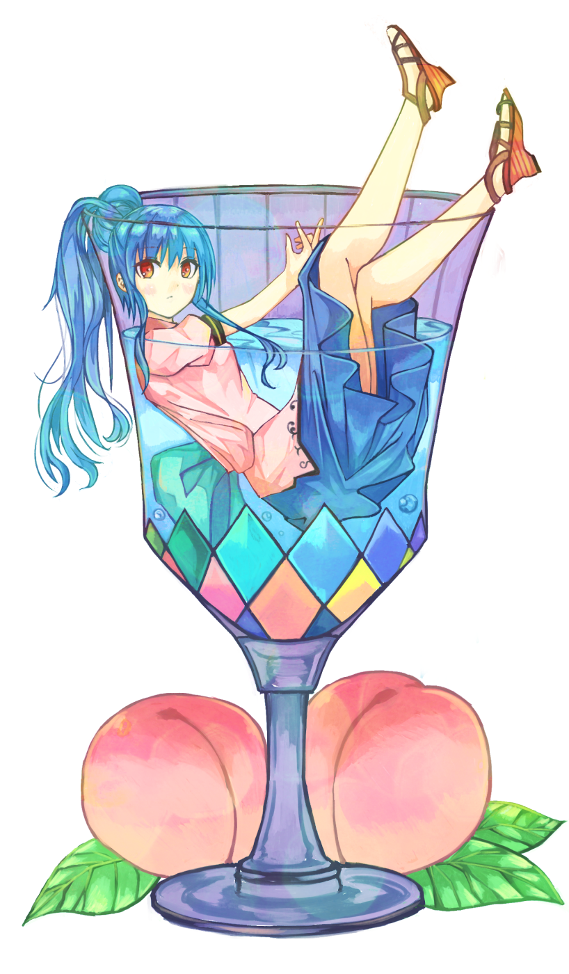 alternate_footwear alternate_hairstyle bare_legs blue_hair blue_skirt cup drinking_glass expressionless eyebrows_visible_through_hair food fruit fuussu_(21-kazin) highres hinanawi_tenshi in_container leaf liquid long_hair looking_at_viewer no_hat no_headwear peach red_eyes sandals short_sleeves skirt touhou wine_glass