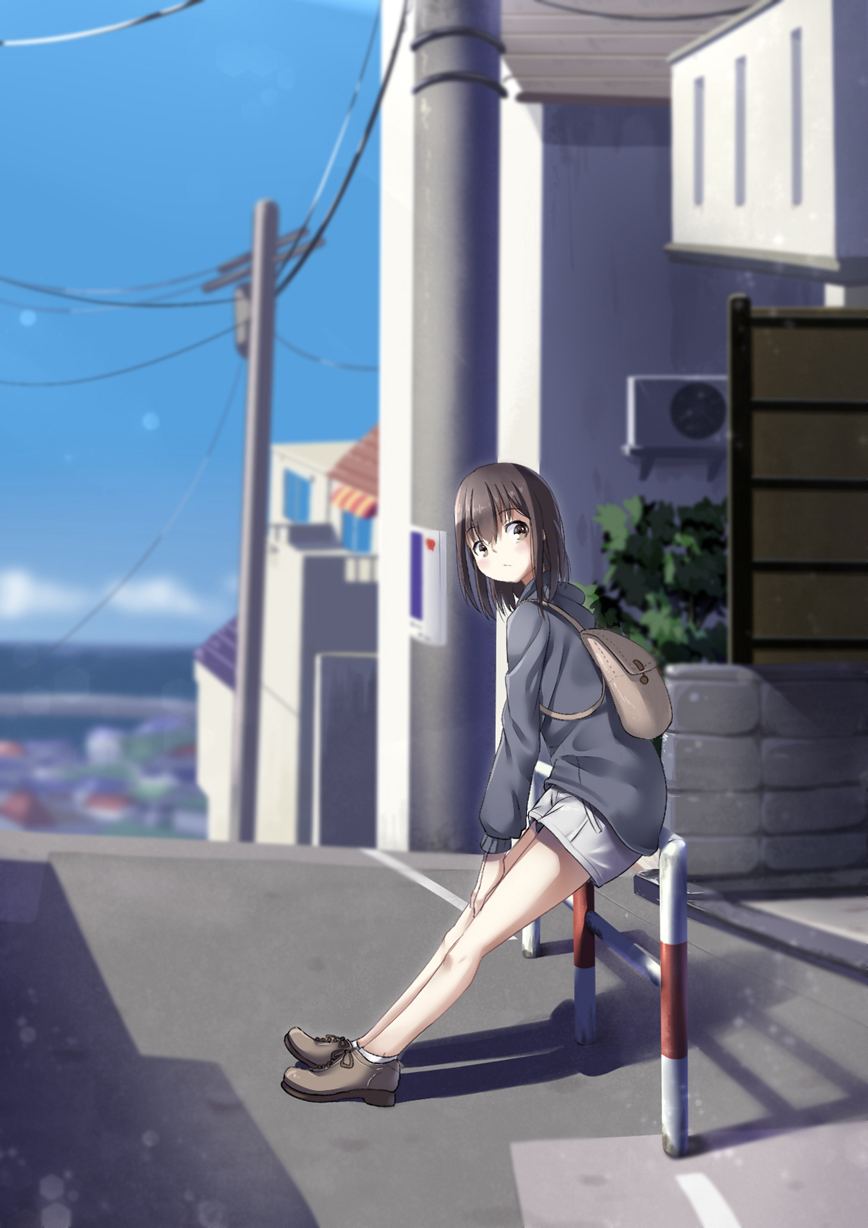 1girl backpack bag blue_sky blush brown_eyes brown_footwear brown_hair building day grey_shorts hair_between_eyes highres house leaning_on_rail looking_at_viewer original power_lines railing road scenery shorts sky street too-ye