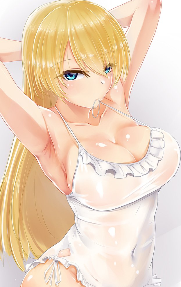 1girl alternate_hair_length alternate_hairstyle armpits arms_behind_head arms_up blonde_hair blue_eyes breasts cleavage closed_mouth collarbone commentary_request covered_navel darjeeling eyebrows_visible_through_hair eyes_visible_through_hair frilled_swimsuit frills girls_und_panzer gradient gradient_background hair_down hair_tie_in_mouth half-closed_eyes large_breasts long_hair looking_at_viewer mouth_hold naughty_face one-piece_swimsuit saezu_habaki shiny shiny_clothes shiny_skin side-tie_swimsuit solo standing swimsuit upper_body white_swimsuit