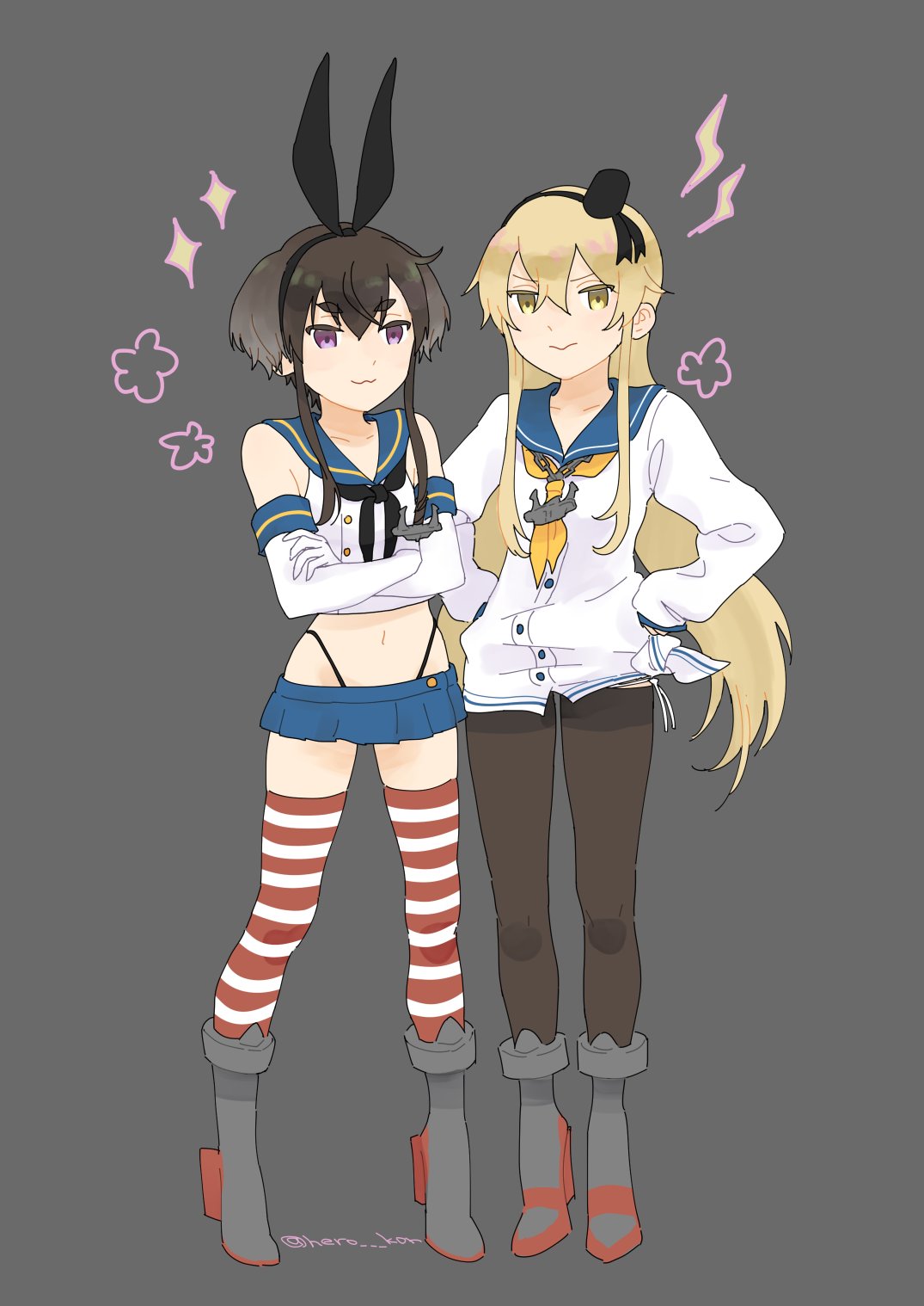 2girls :&gt; anchor_hair_ornament anchor_symbol black_hair black_panties blonde_hair blue_skirt brown_eyes commentary_request cosplay costume_switch crop_top dress elbow_gloves full_body gloves gradient_hair grey_background hair_ornament hat hero_kon high_heels highleg highleg_panties highres kantai_collection long_hair lowleg_pantyhose microskirt mini_hat miniskirt multicolored_hair multiple_girls neckerchief panties pantyhose red_footwear rudder_shoes sailor_collar sailor_dress shimakaze_(kantai_collection) shimakaze_(kantai_collection)_(cosplay) shirt short_hair short_hair_with_long_locks sidelocks simple_background skirt sparkle standing striped striped_legwear thigh-highs tied_shirt tokitsukaze_(kantai_collection) tokitsukaze_(kantai_collection)_(cosplay) two_side_up underwear white_gloves yellow_eyes