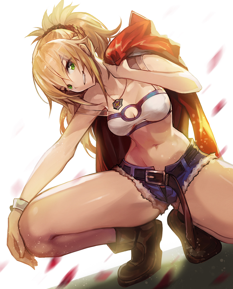 1girl bandeau bangs belt blonde_hair boots braid breasts cleavage denim denim_shorts fate/apocrypha fate_(series) french_braid goomrrat green_eyes hair_between_eyes jacket jacket_removed long_hair looking_at_viewer medium_breasts mordred_(fate) mordred_(fate)_(all) navel necktie open_mouth petals ponytail red_jacket scrunchie shorts simple_background smile solo squatting thighs waist white_background