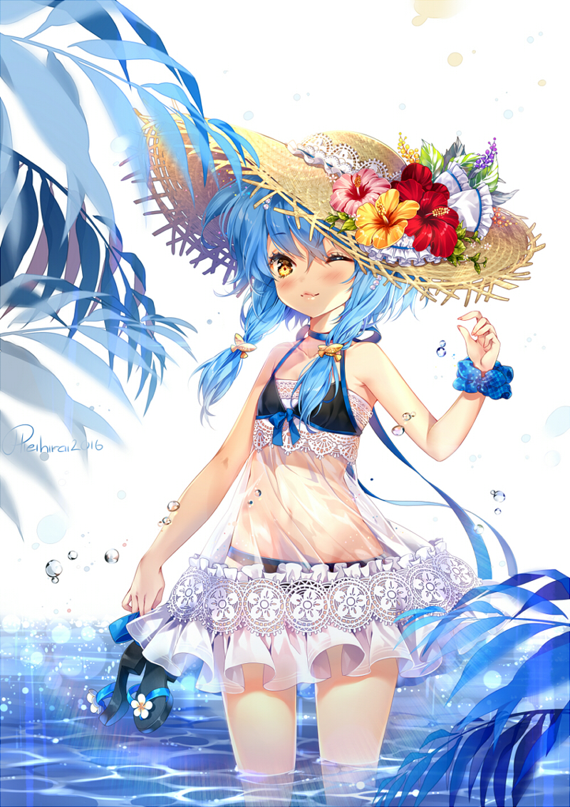 1girl 2016 ;) artist_name bangs bare_arms bare_shoulders bikini black_bikini blue_hair blush braid collarbone commentary cowboy_shot day dress english_commentary eyebrows_visible_through_hair fang_out fish_hair_ornament flat_chest flower frills hair_ornament halterneck hat hat_flower hibiscus hieihirai holding lace lens_flare long_hair looking_at_viewer navel one_eye_closed original outdoors plant sandals saska_(hieihirai) scrunchie see-through smile solo standing straw_hat sun_hat swimsuit twin_braids wading water water_drop white_dress wrist_scrunchie yellow_eyes