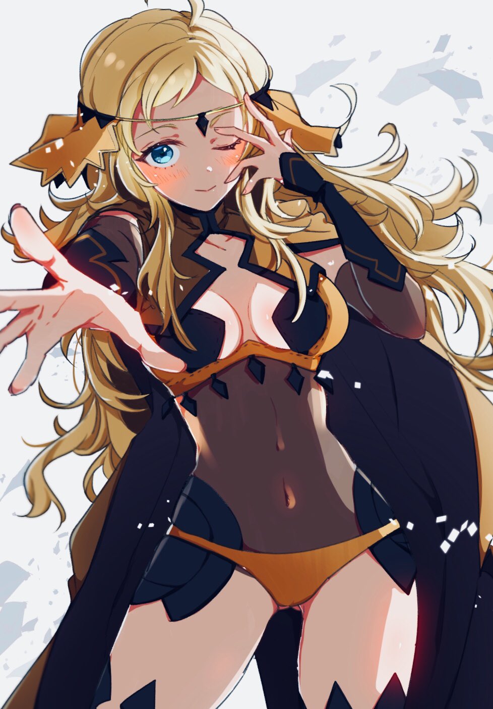 1girl ahoge blonde_hair blue_eyes breasts cape circlet cleavage cleavage_cutout closed_mouth covered_navel fire_emblem fire_emblem_if highres long_hair nekolook nintendo one_eye_closed ophelia_(fire_emblem_if) solo