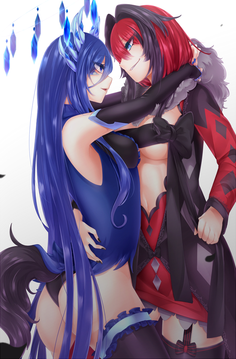 2girls blue_eyes blue_hair gen_6_pokemon highres horns multiple_girls personification shikkoku_neko xerneas yuri yveltal