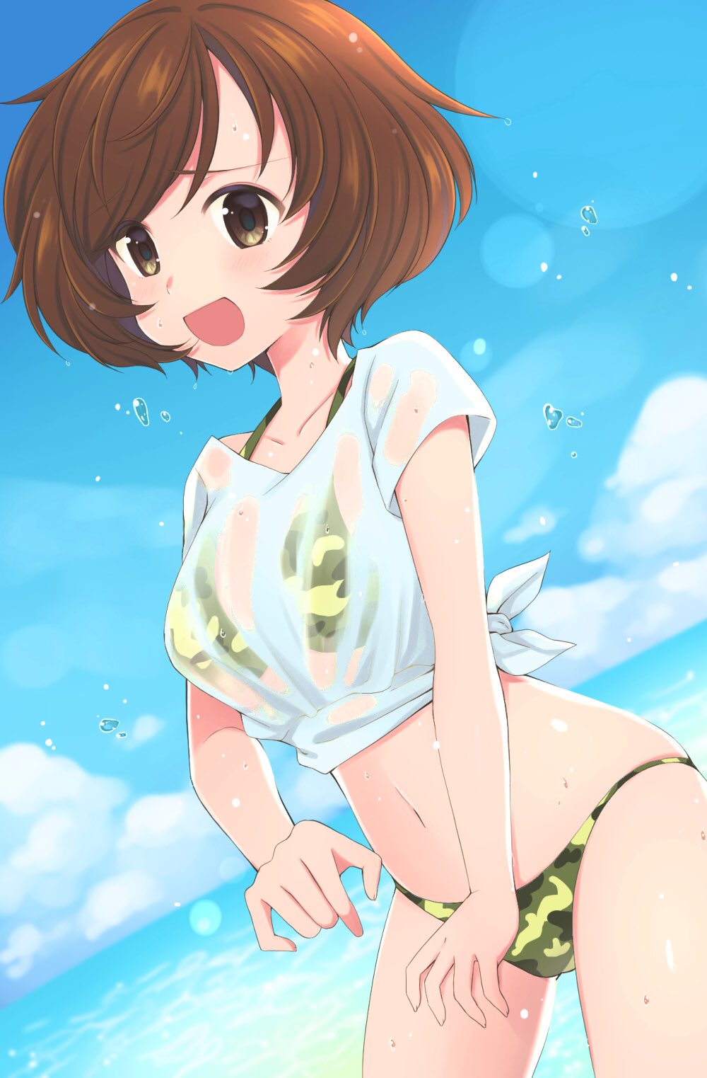 1girl :d akiyama_yukari bangs bikini blue_sky brown_eyes brown_hair camouflage camouflage_bikini clouds cloudy_sky commentary_request cowboy_shot day dutch_angle eyebrows_visible_through_hair girls_und_panzer green_bikini highres lens_flare looking_at_viewer messy_hair navel ocean open_mouth outdoors ruruepa see-through shirt short_hair short_sleeves skindentation sky smile solo standing swimsuit tied_shirt water_drop white_shirt