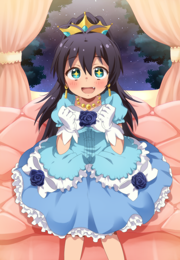 +_+ 1girl :d antenna_hair aqua_dress aqua_eyes black_hair blue_dress blue_flower blue_rose blush bow bowtie center_frills clenched_hands commentary_request curtains dress earrings fang flower frilled_dress frills ganaha_hibiki gloves hands_up hiiringu idolmaster idolmaster_(classic) jewelry layered_dress long_hair looking_at_viewer multicolored multicolored_clothes multicolored_dress necklace night night_sky open_mouth petticoat ponytail revision rose sitting sky smile solo star_(sky) starry_sky tiara tree white_gloves white_neckwear