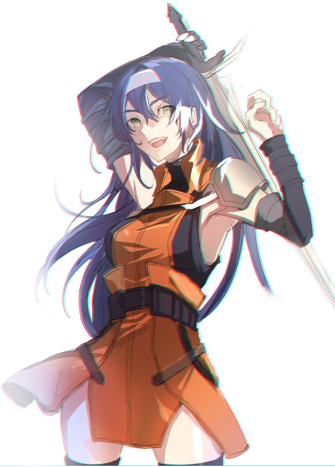 1girl :d arm_over_head armpits blue_hair breasts detached_sleeves dress fingerless_gloves fire_emblem fire_emblem:_akatsuki_no_megami fire_emblem:_souen_no_kiseki gloves green_eyes hairband headband holding holding_sword holding_weapon long_hair machi_wt nintendo open_mouth orange_dress partly_fingerless_gloves shoulder_armor smile sword sword_behind_back thigh-highs thighs wayu_(fire_emblem) weapon white_hairband