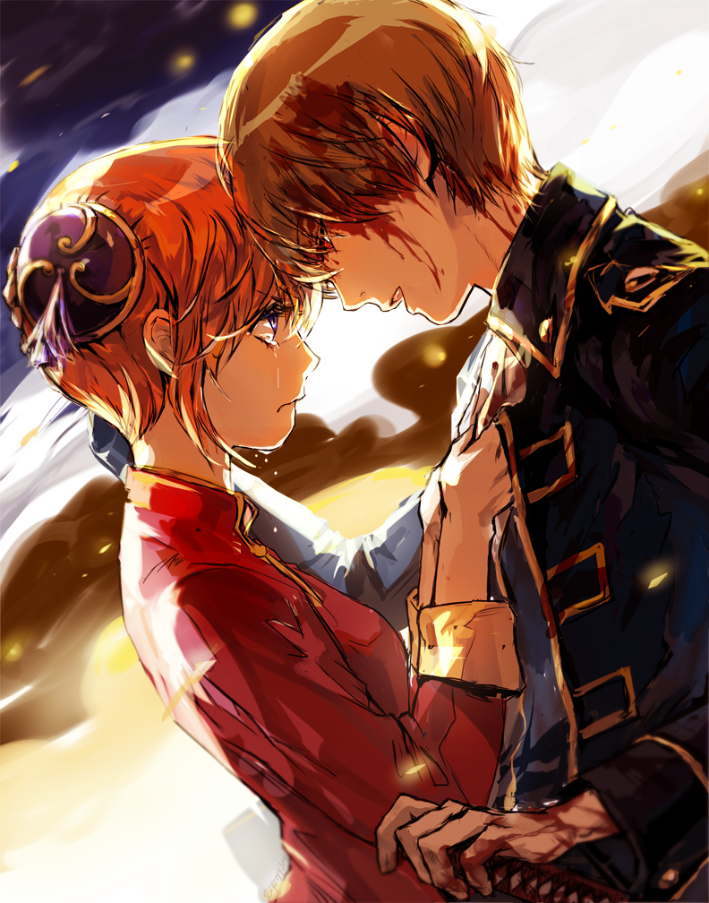 1boy 1girl blood blood_on_face blue_eyes brown_hair china_dress chinese_clothes couple crying crying_with_eyes_open dress eye_contact gintama hair_bun hand_on_hilt kagura_(gintama) looking_at_another military military_uniform okita_sougo open_mouth orange_hair red_dress red_eyes short_hair tears uniform upper_body zzyzzyy