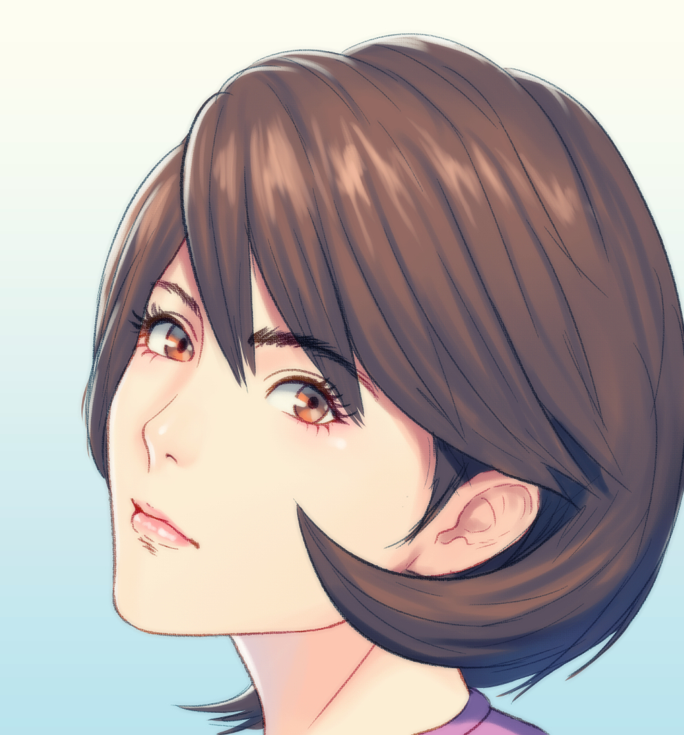 1girl brown_eyes brown_hair eyebrows_visible_through_hair fateline_alpha gradient gradient_background hair_between_eyes head_tilt looking_at_viewer original portrait shiny shiny_hair solo