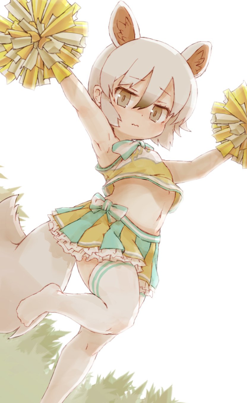 1girl alternate_costume anteater_ears armpits bare_shoulders black_hair bow bowtie cheerleader commentary_request crop_top eyebrows_visible_through_hair frilled_skirt frills from_below highres kemono_friends kemono_friends_festival kolshica midriff multicolored_hair navel no_shoes pleated_skirt pom_poms short_hair skirt sleeveless solo southern_tamandua_(kemono_friends) thigh-highs wavy_mouth white_hair zettai_ryouiki