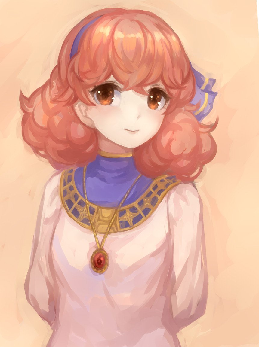 1girl arms_behind_back brown_eyes closed_mouth curly_hair dress fire_emblem fire_emblem_echoes:_mou_hitori_no_eiyuuou hairband jenny_(fire_emblem) jewelry jurge long_sleeves necklace nintendo pink_hair simple_background solo