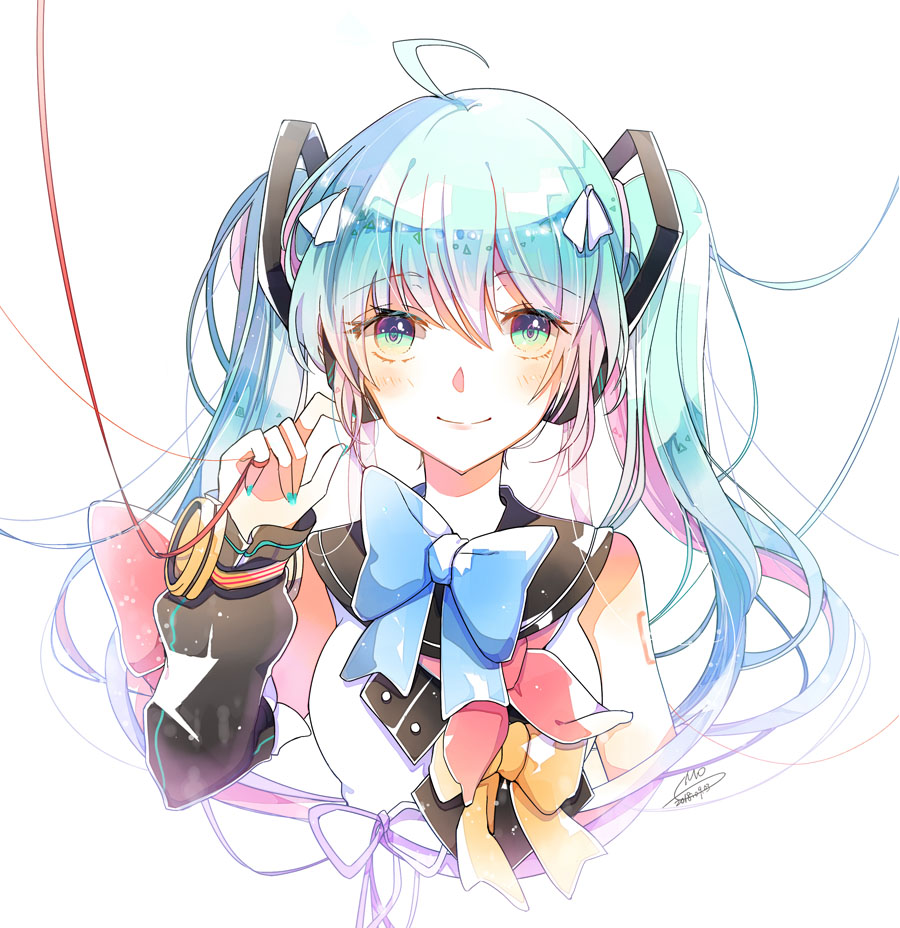 1girl ahoge blue_bow blue_eyes blue_hair blue_nails bow bowtie cropped_torso dated detached_sleeves emo_(ricemo) eyebrows_visible_through_hair floating_hair hair_between_eyes hair_ribbon hair_twirling hatsune_miku headphones long_hair looking_at_viewer multicolored_hair nail_polish pink_hair red_bow red_ribbon ribbon shiny shiny_hair shirt signature simple_background sleeveless sleeveless_shirt smile solo twintails two-tone_hair very_long_hair vocaloid white_background white_ribbon white_shirt