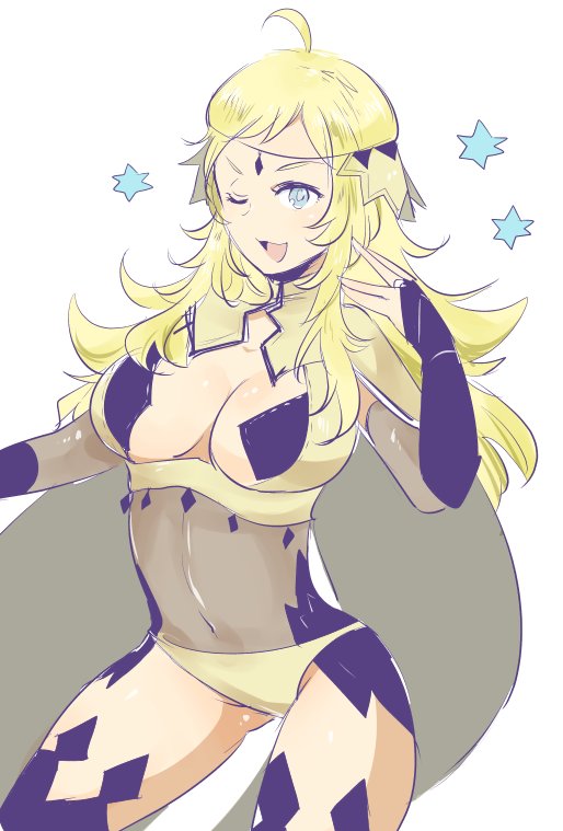 1girl ahoge blonde_hair blue_eyes breasts bridal_gauntlets cape circlet cleavage_cutout covered_navel fire_emblem fire_emblem_if long_hair medium_breasts nintendo one_eye_closed open_mouth ophelia_(fire_emblem_if) shougayaki_(kabayaki_3) simple_background solo white_background