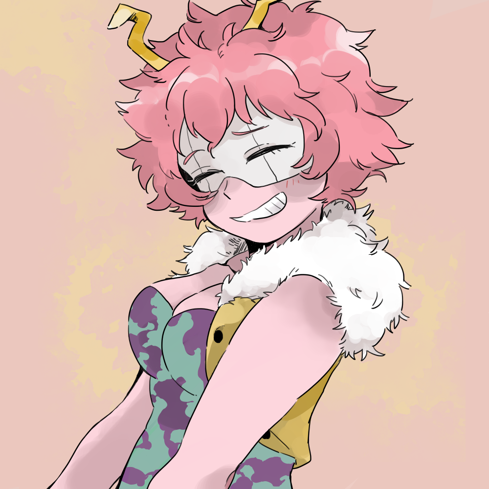 1girl ^_^ ashido_mina bare_arms boku_no_hero_academia breasts cleavage closed_eyes closed_eyes closed_mouth collarbone collared_vest commentary_request eyebrows_visible_through_mask facing_viewer fur_collar grin horns konno_(2xxxxxx) mask open_clothes open_vest pink_hair pink_skin short_hair smile solo upper_body vest